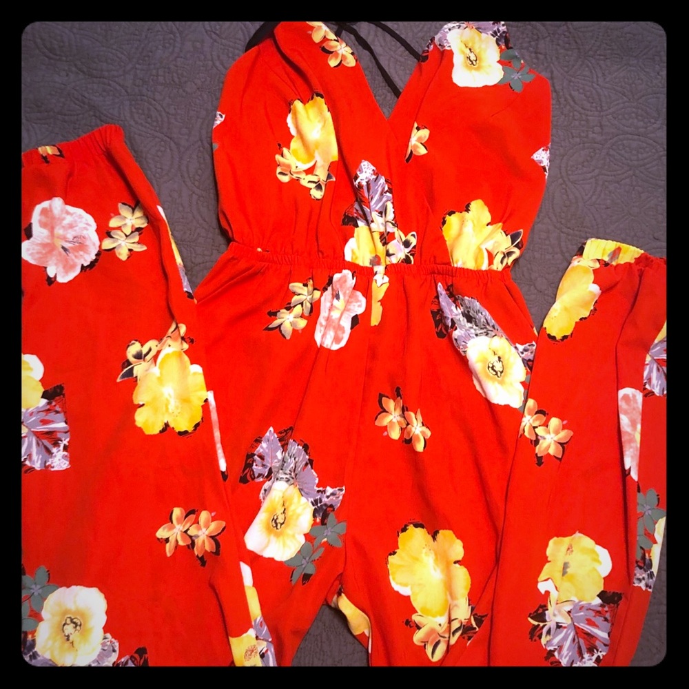 Red Flora straps jumpsuit